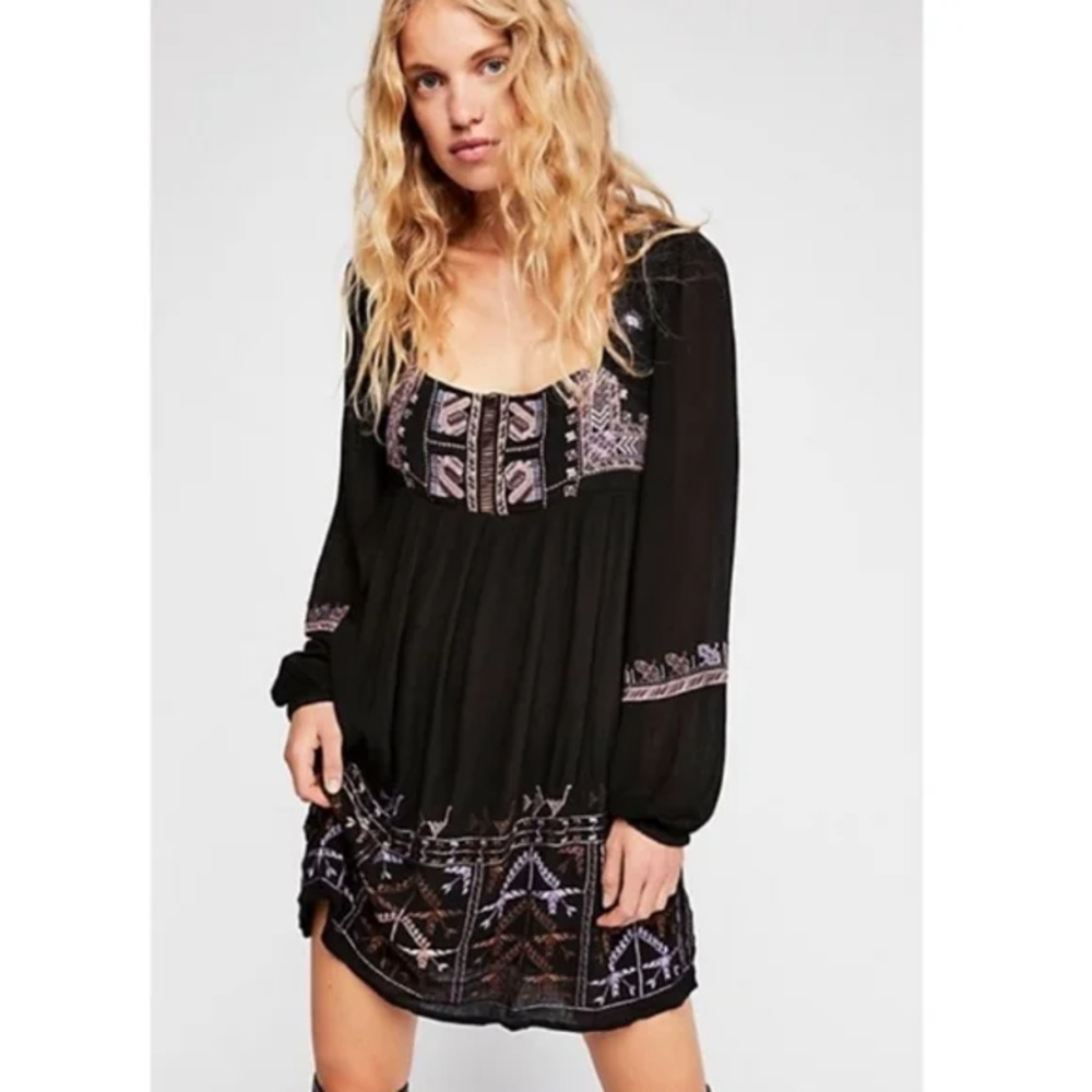 Free People Dress XS Black Purple Embroidered Long Sleeve Mini Rhiannon - Picture 3 of 11